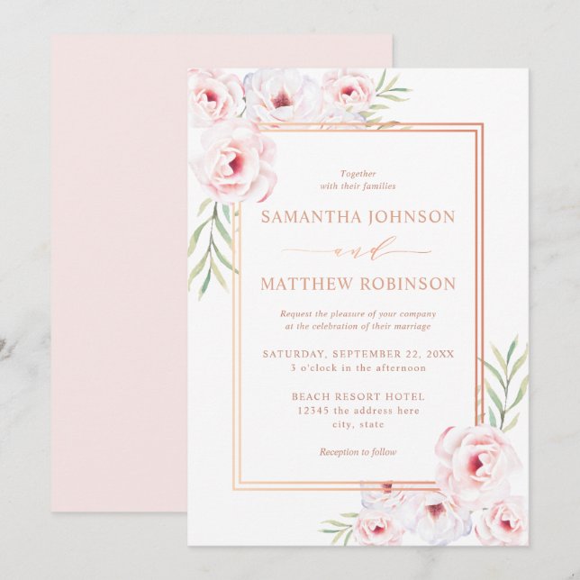 Elegant Pink Floral Watercolor Rose Gold Wedding Invitation (Front/Back)