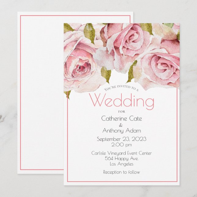 Elegant Pink Floral Watercolor Wedding  Invitation (Front/Back)