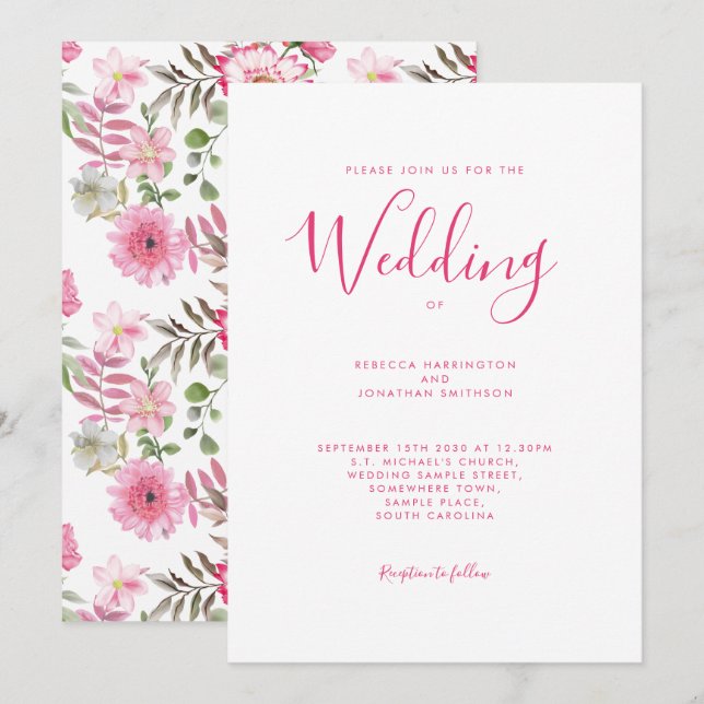 Elegant Pink Floral Watercolor Wedding Invitation (Front/Back)