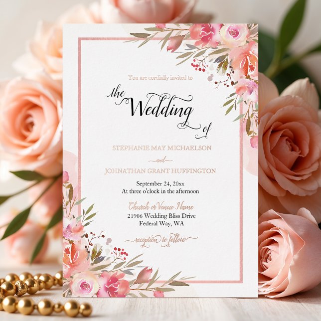 Elegant Pink Floral Watercolor Wedding Rose Gold (Elegant Pink Floral Watercolor Wedding Rose Gold Foil Invitation)