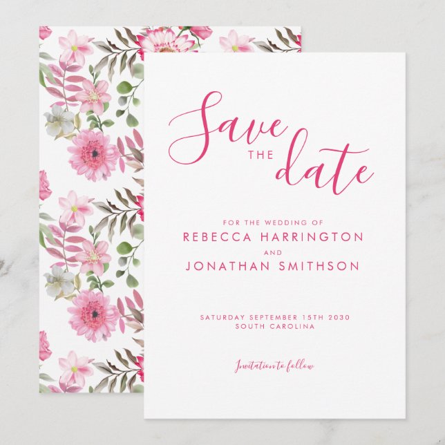 Elegant Pink Floral Watercolor Wedding Save The Date (Front/Back)