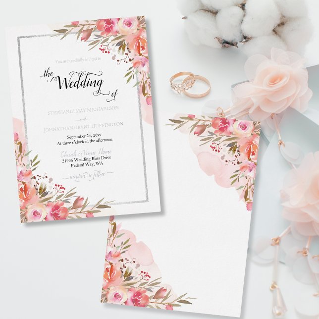 Elegant Pink Floral Watercolor Wedding Silver Foil (Elegant Pink Floral Watercolor Wedding Silver Foil Foil Invitation)