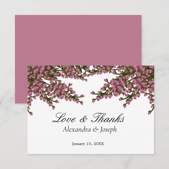Elegant Pink Floral Watercolor Wedding  Thank You Card (Front/Back)