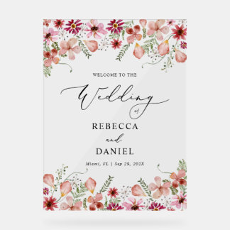 Elegant Pink Floral Wedding Acrylic Welcome Sign