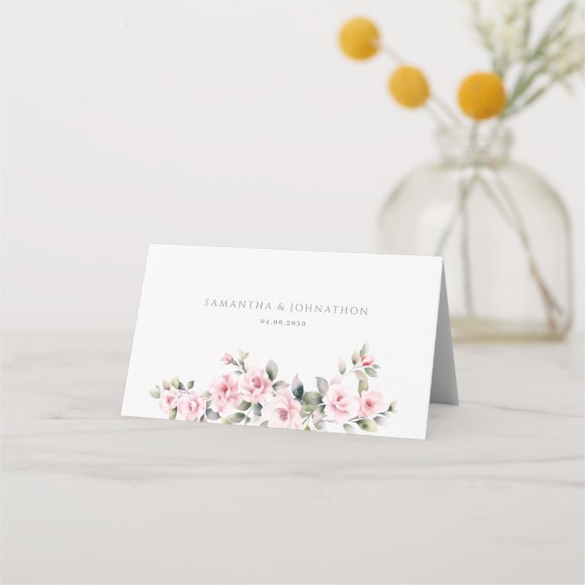 Elegant Pink Floral Wedding Folded Place Card (Back)