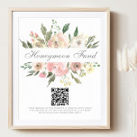 Elegant Pink Floral Wedding Honeymoon Fund QR Code Poster<br><div class="desc">An elegant bouquet of watercolor blush pink peonies and ivory cream roses frame this honeymoon fund wedding poster. Botanical sprigs of sage green eucalyptus leaves decorate in the midst of the peach array of flowers that surround the beautiful, chic script reminding guests to scan to give money to the happy...</div>