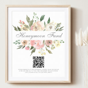 Elegant Pink Floral Wedding Honeymoon Fund QR Code Poster