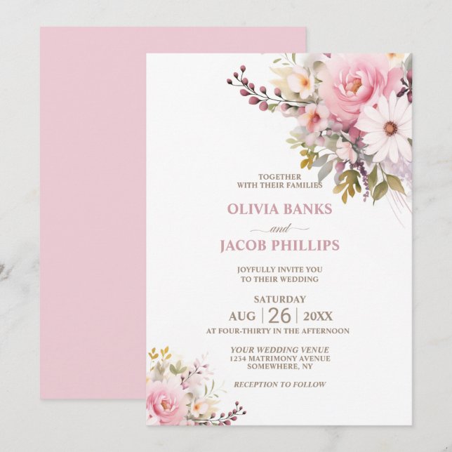 Elegant Pink Floral Wedding Invitation (Front/Back)