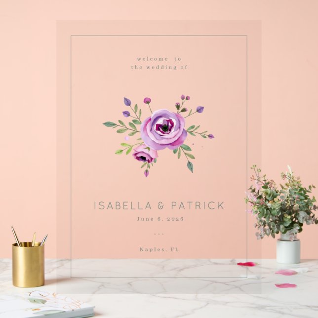 Elegant Pink Floral Wedding Invitation Acrylic Sign (Wedding)