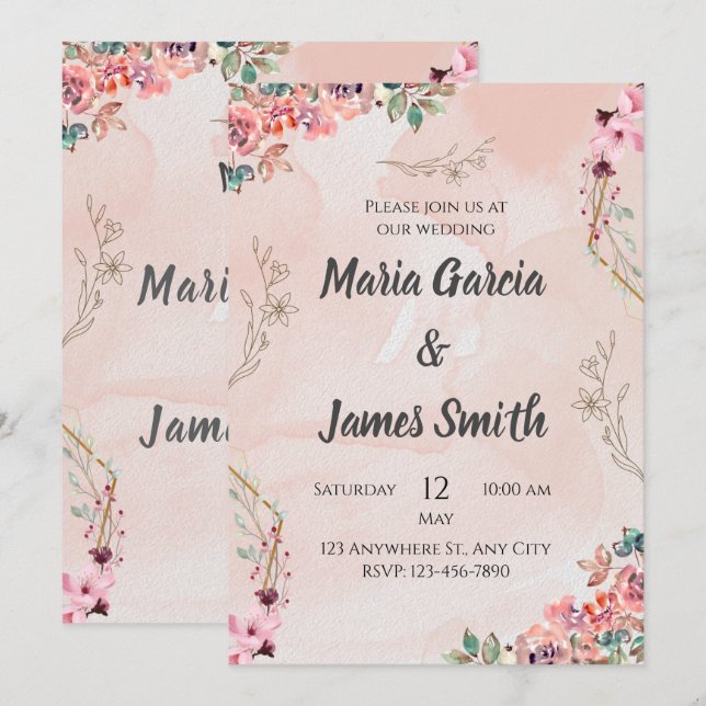 Elegant Pink Floral Wedding Invitation Card (Front/Back)