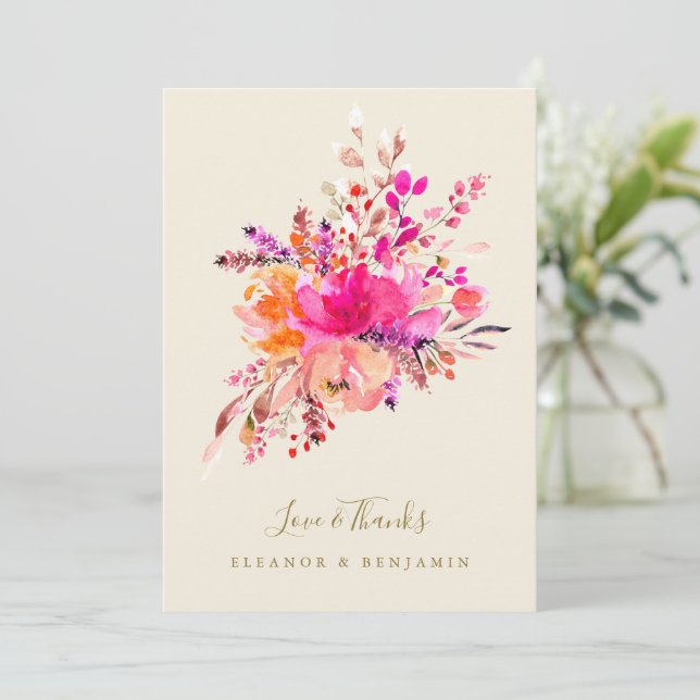Elegant Pink Floral Wedding Photo Custom Message Thank You Card (Standing Front)