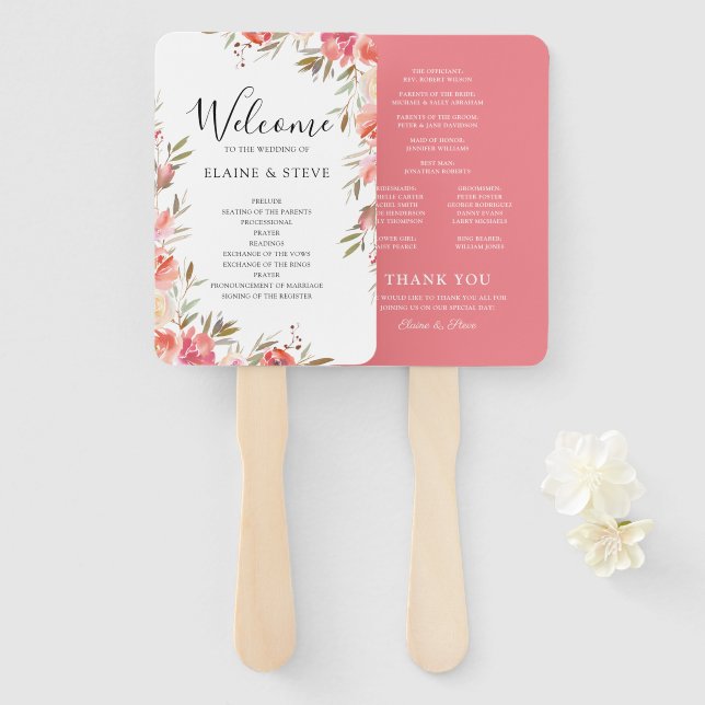 Elegant Pink Floral Wedding Program Hand Fan (Front and Back)