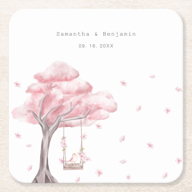 Elegant Pink Floral Wedding Square Paper Coaster (Front)