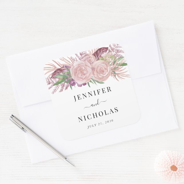 Elegant Pink Floral Wedding  Square Sticker (Envelope)