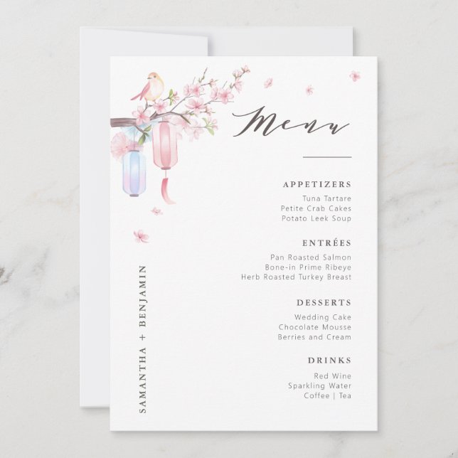 Elegant Pink Floral Wedding Table Menu Card (Front)