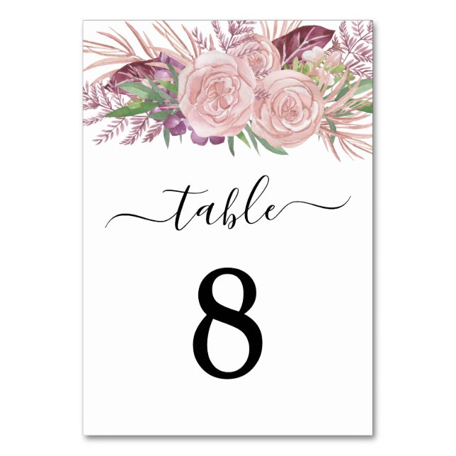 Elegant Pink Floral Wedding Table Number (Front)