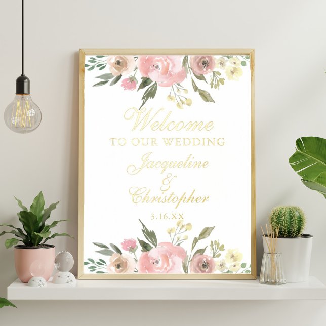 Elegant Pink Floral Welcome to our Wedding Gold Foil Prints (Creator Uploaded)