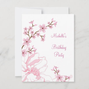 Elegant Pink Floral White Birthday Invitation