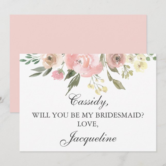 Elegant Pink Floral Will You Be My Bridesmaid Invitation (Front/Back)