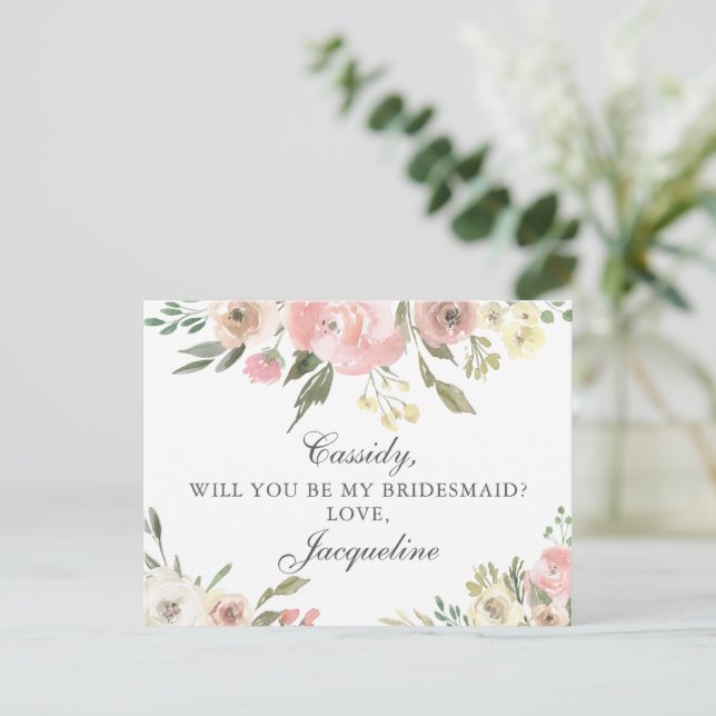Elegant Pink Floral Will You Be My Bridesmaid Postcard (Standing Front)