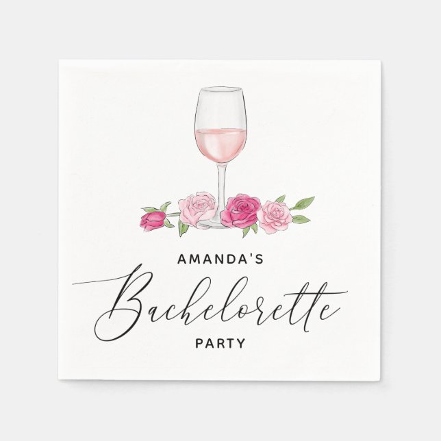 Elegant pink floral wine glass bachelorette party napkin (Front)