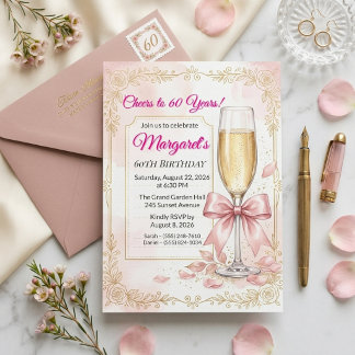 Elegant Pink Floral with Champagne 60th Birthday Invitation
