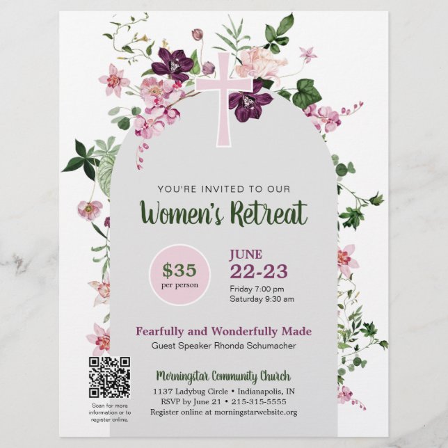 Elegant Pink Floral Women's Church QR Code Retreat Flyer (Front)