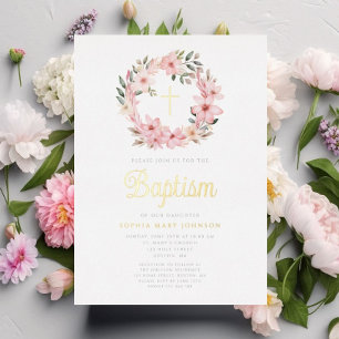 Elegant Pink Floral Wreath Girl Baptism 
