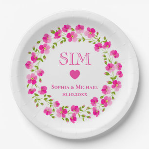 Elegant Pink Floral Wreath, Heart Wedding Monogram Paper Plate
