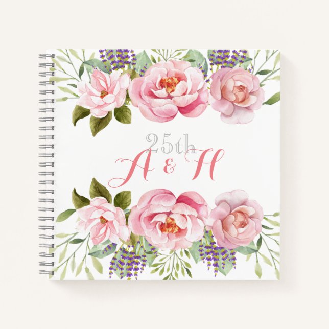 Elegant Pink Floral Wreath Monogram 25th Wedding Notebook (Front)