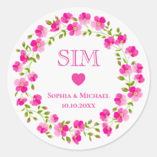 Elegant Pink Floral Wreath Monogram Wedding Favour Classic Round Sticker