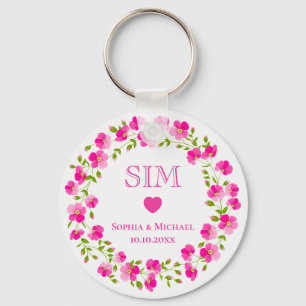 Elegant Pink Floral Wreath Monogram Wedding Favour Key Ring