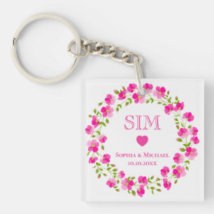 Elegant Pink Floral Wreath Monogram Wedding Favour Key Ring