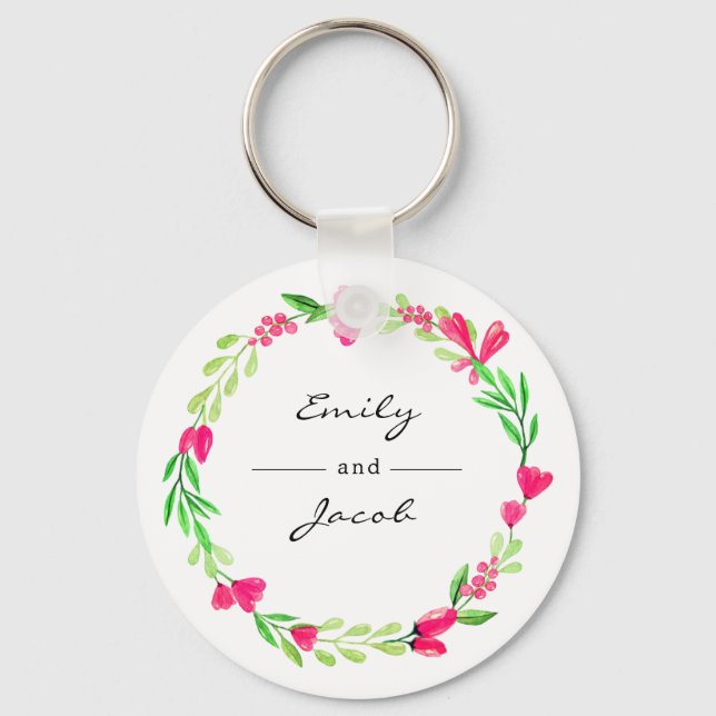 Elegant Pink Floral Wreath White Name of Couple Key Ring (Front)