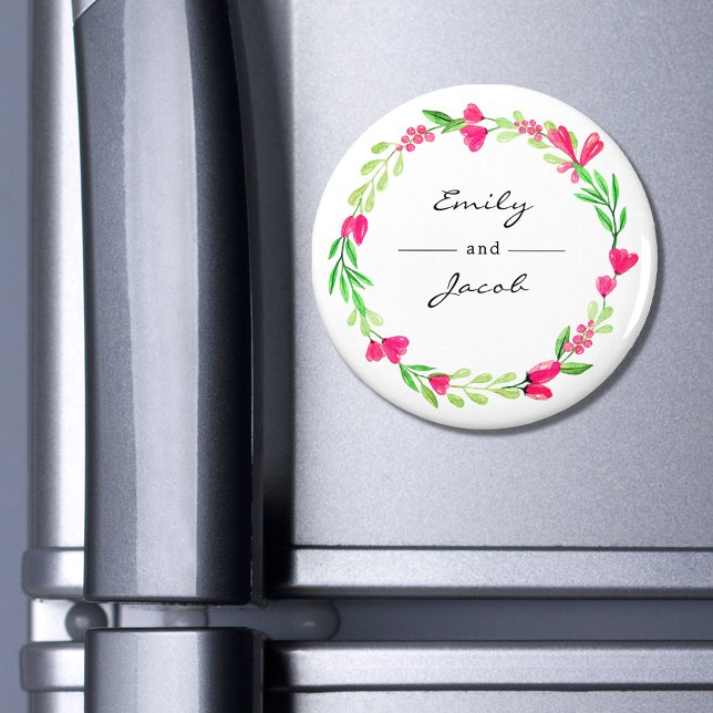 Elegant Pink Floral Wreath White Name of Couple Magnet (Creator Uploaded)