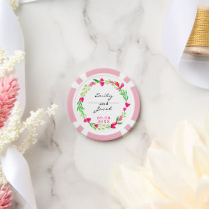Elegant Pink Floral Wreath White Wedding Poker Chips