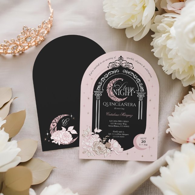 Elegant Pink Florals Moon Stars Tiara Quinceañera Invitation (Elegant Pink Florals Moon Stars Tiara Quinceañera Invitation)