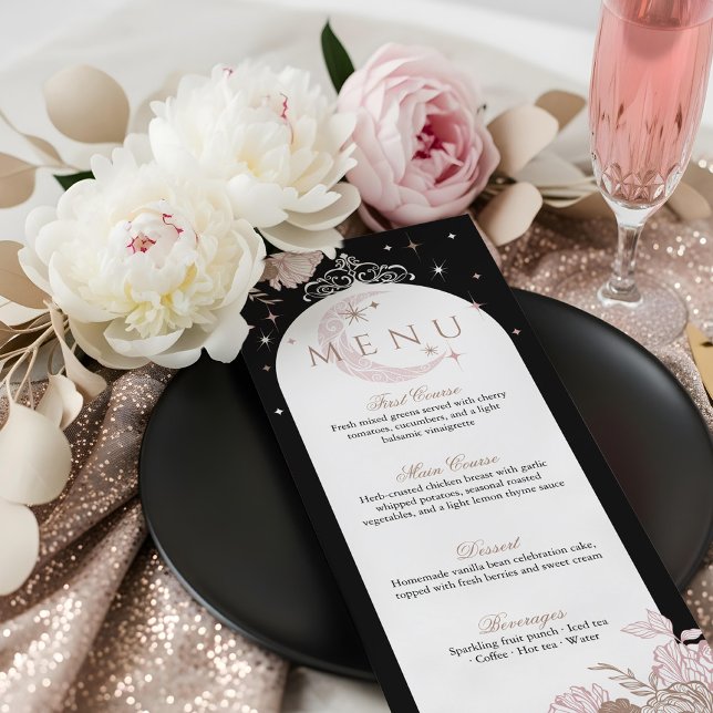 Elegant Pink Florals Moon Stars Tiara Quinceañera Menu (Elegant Pink Florals Moon Stars Tiara Quinceañera Menu)