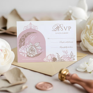 Elegant Pink Florals Moon Stars Tiara Quinceañera RSVP Card