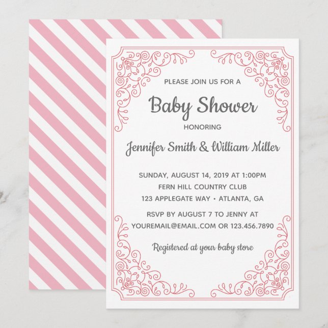 Elegant Pink flourish swirl frame Baby Shower Invitation (Front/Back)