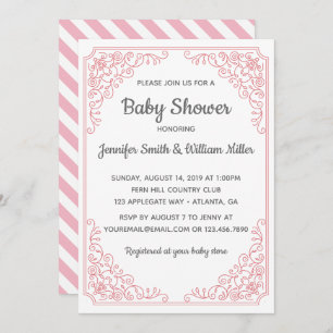 Elegant Pink flourish swirl frame Baby Shower Invitation