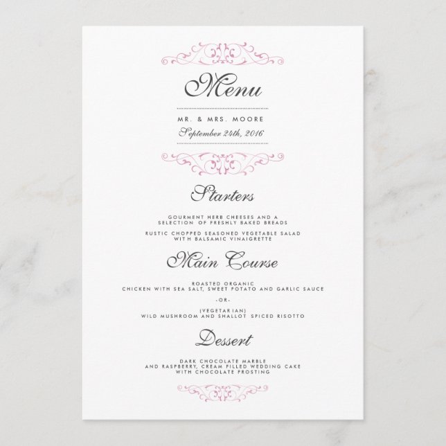 Elegant Pink Flourish Wedding Dinner Menu (Front)