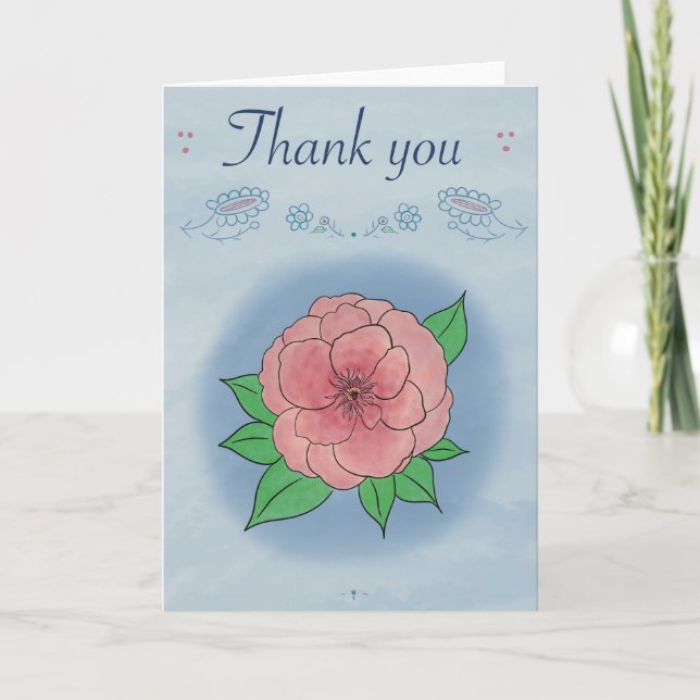 Elegant Pink Flower on Blue Folded Thank You Card (Front)