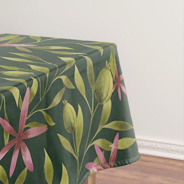 Elegant Pink Flower Pattern on Dark Background Tablecloth (In Situ)