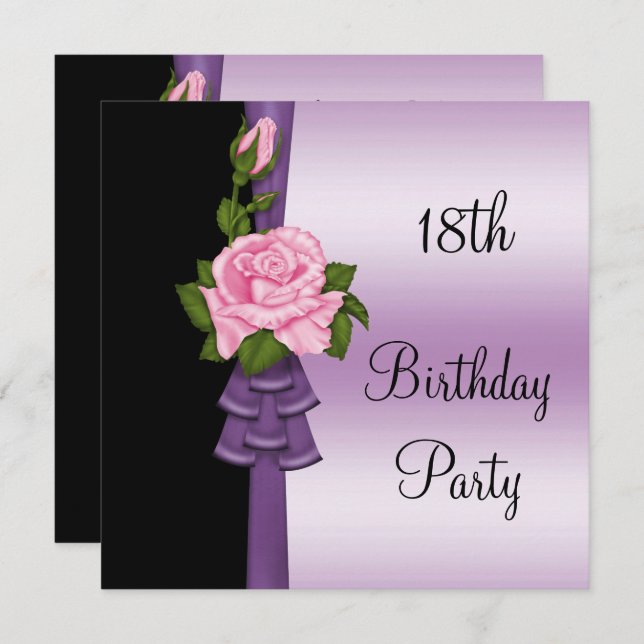 Elegant Pink Flower & Purple Ribbon 18th Birthday Invitation (Front/Back)