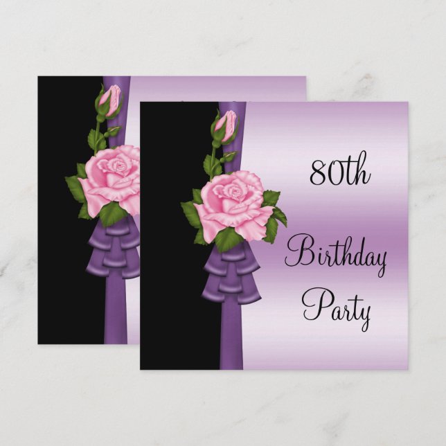 Elegant Pink Flower & Purple Ribbon 80th Birthday Invitation (Front/Back)