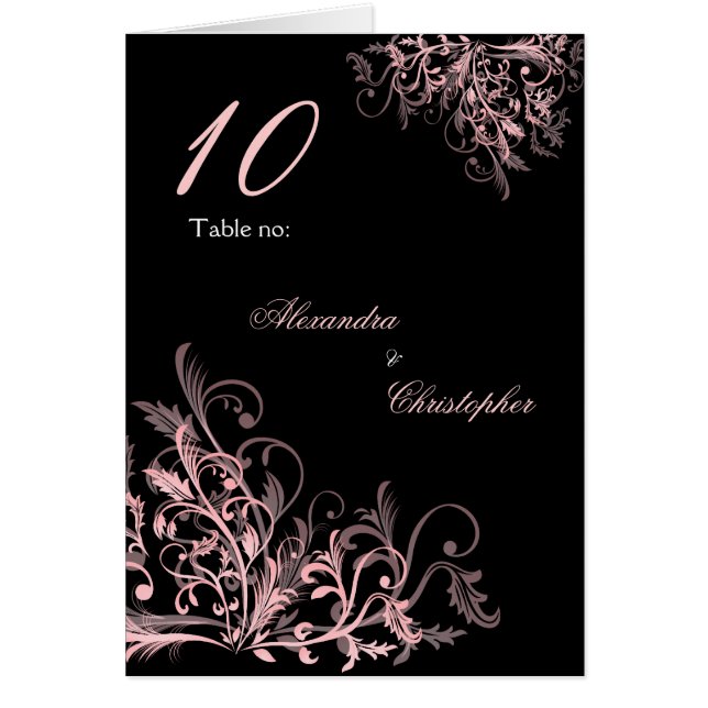 Elegant Pink Flower Swirls Table Number (Front)