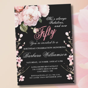 Elegant Pink Flowers 50 & Fab Birthday Party Invitation