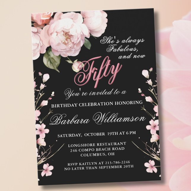 Elegant Pink Flowers 50 & Fab Birthday Party Invitation (Creator Uploaded)