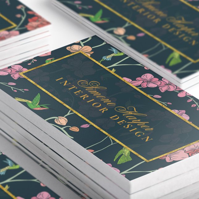 Elegant Pink Flowers and Birds on Dark Blue   Business Card (Close-up Stacked Elegant Pink Flowers and Birds on Dark Blue Business Cards-Front)